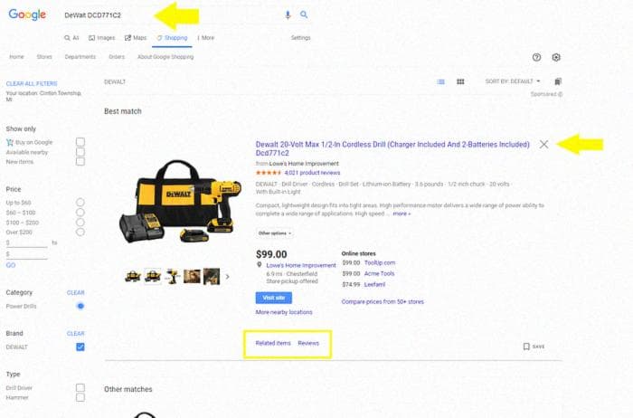 Google Shopping result expanded