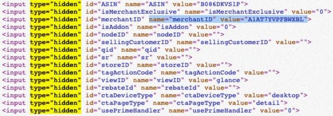 Скрытые поля ввода на продуктах Amazon