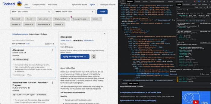 Screenshot of Indeed inspecting elements pop-up.