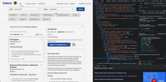 Screenshot of Indeed inspecting elements pop-up.