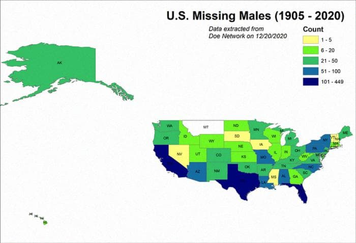 Количество пропавших без вести мужчин в США по штатам.