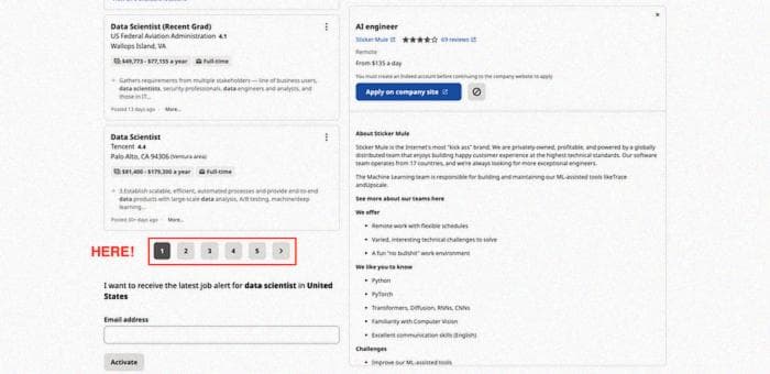 Screenshot that shows the pagination system of Indeed’s UI.