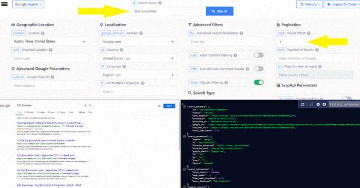 SerpApi Playground showing “pagination” value