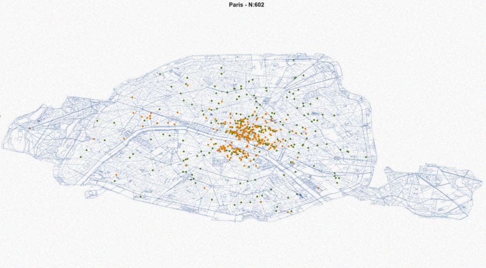 Рисунок 9. Рестораны и супермаркеты в Париже (всего 602 места)