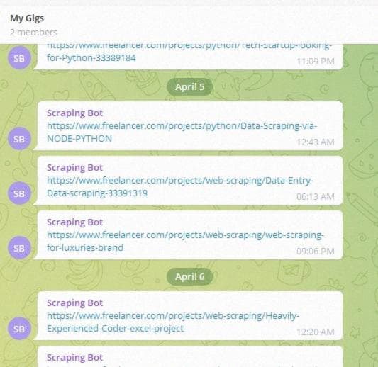 Моя группа Gigs, с Scraping Bot в качестве бота и отправкой своевременных уведомлений