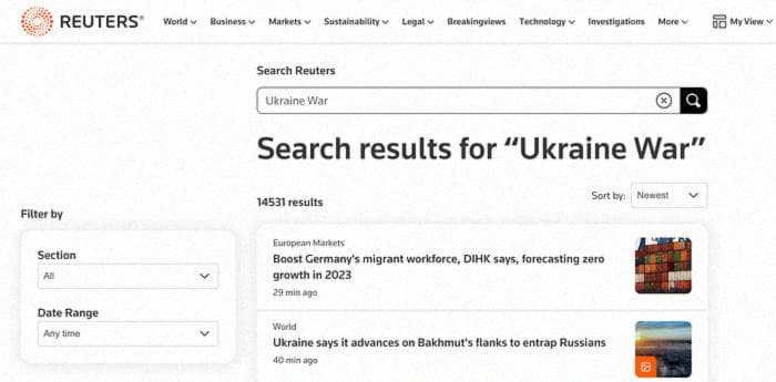 Результаты поиска Reuters по запросу «Война в Украине»