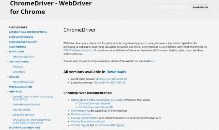 Веб-сайт Chrome Driver