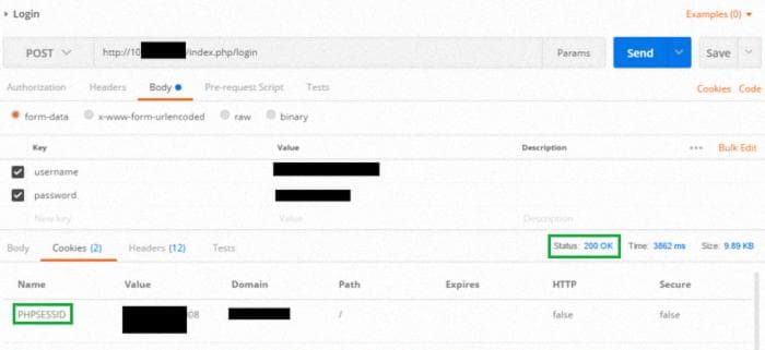 Gambar 6: POST request ke**10.10.10.10/index.php/login **dan mendapatkan Cookies berupa PHPSESSID