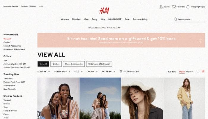 H&M Страница новых поступлений для женщин. Источник: H&M