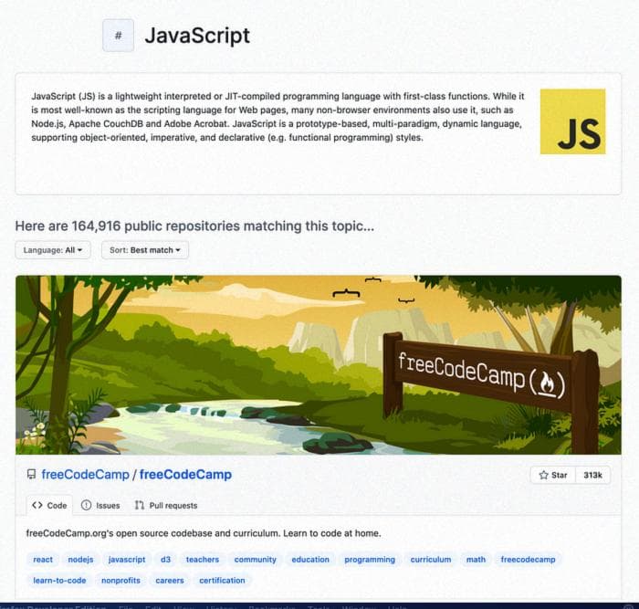 Страница темы JavaScript на GitHub