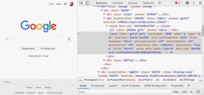 Инструменты разработчика Chrome выделяют HTML поля поиска