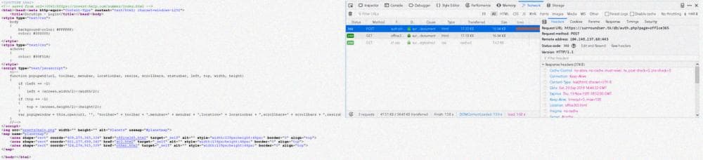 Левое изображение: исходный код основной страницы - Правое изображение: трекер сети при отправке учетных данных через фальшивый сайт.