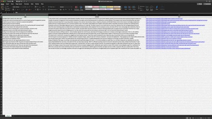 Отчет в Excel с последними статьями TechCrunch