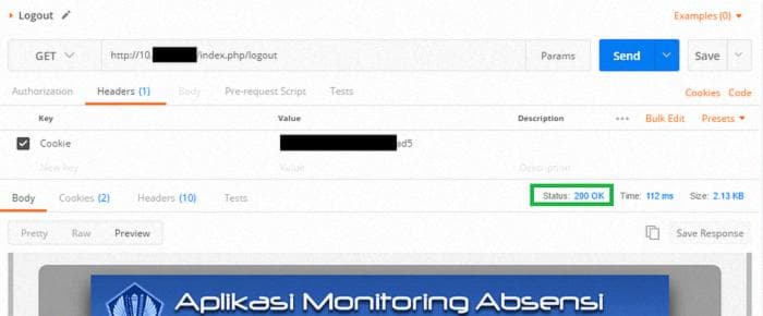 Gambar 8: GET request ke**10.10.10.10/index.php/logout **dengan menyertakan Cookies yang didapatkan saat login