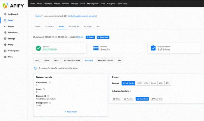 Output in datasets