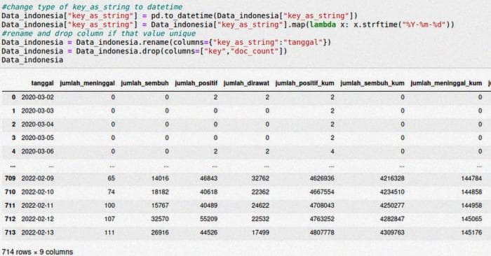 Gambar 6. Perubahan Bentuk Datetime, Rename, dan Drop Column yang Unique