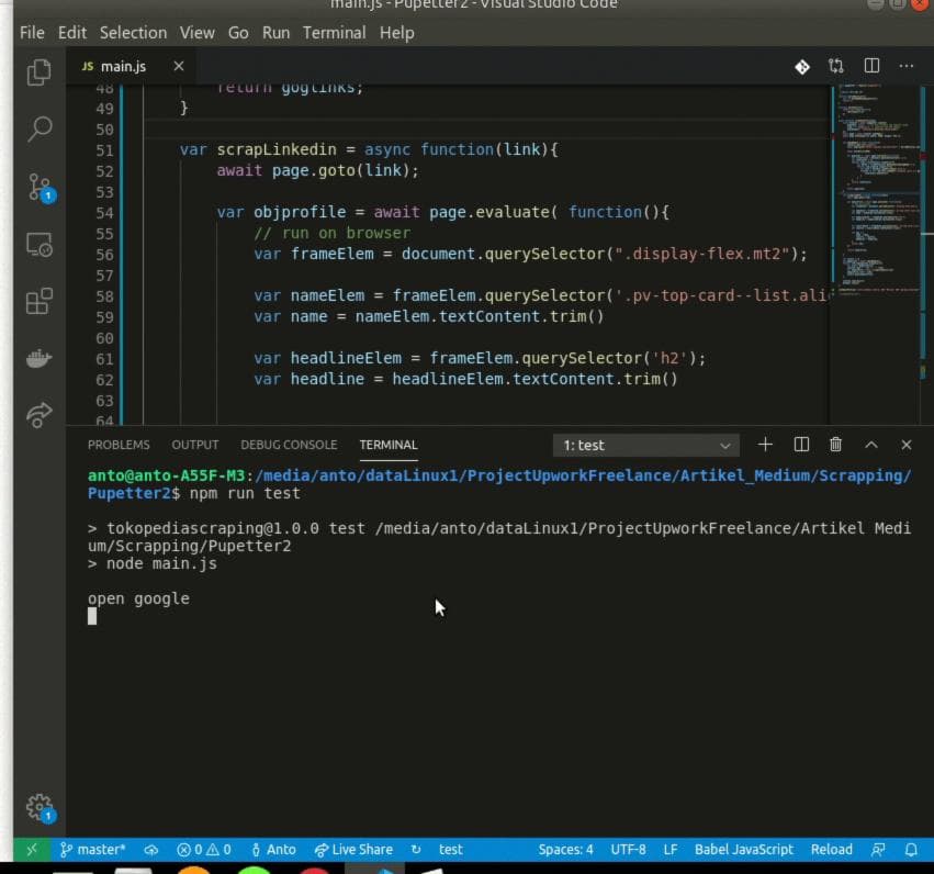 Парсинг профиля Linkedin с использованием Puppeteer Nodejs