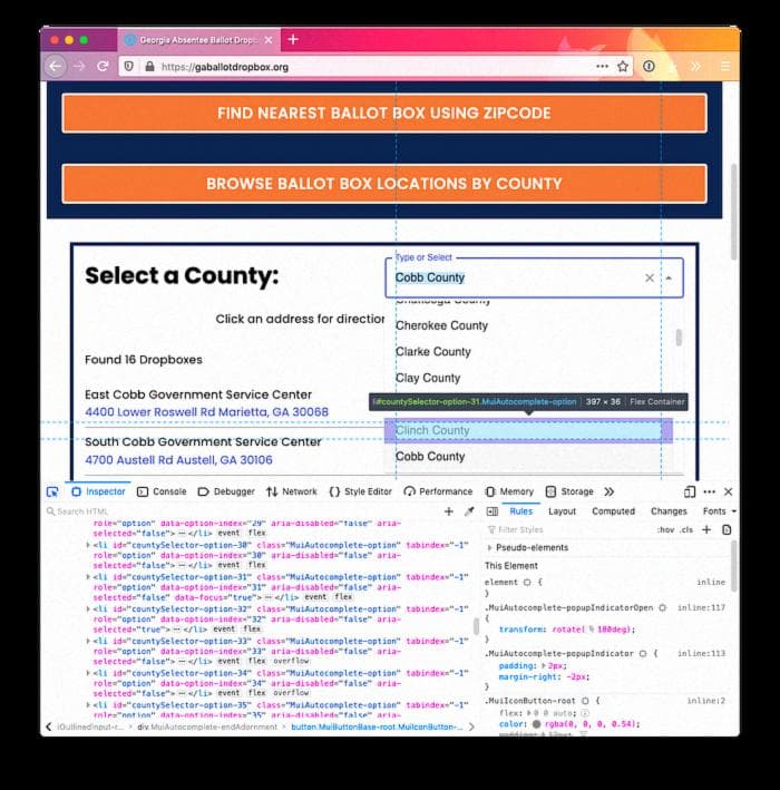 The tooltip on the “Clinch County” item tells us that its ID is `countySelector-option-31`.