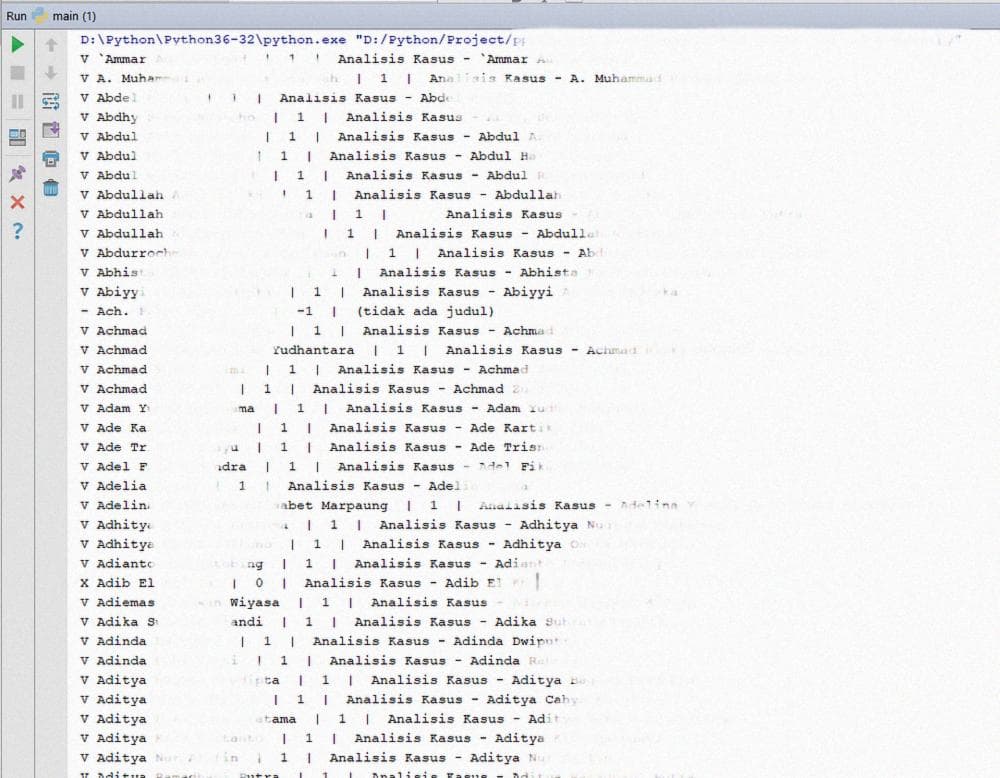 Gambar 3. Contoh hasil script. Tiap baris selalu dimulai dengan karakter V, X, atau -