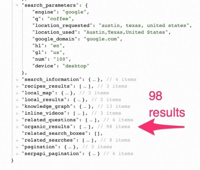 Search parameters and results for “coffee” for organic search results