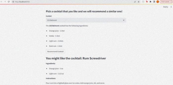 Recommended cocktail and instructions (screenshot)