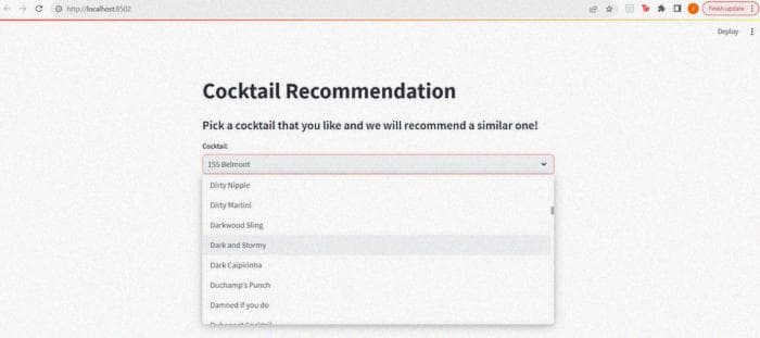 Dropdown with cocktail options (screenshot)