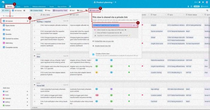 Создание общей ссылки на представление в Airtable