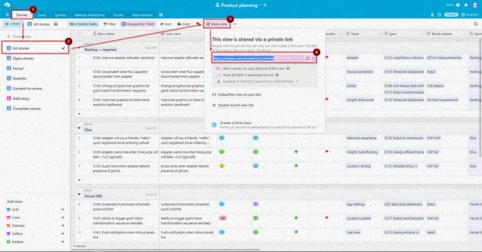 Создание общей ссылки на представление в Airtable