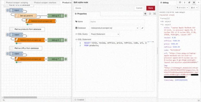 Использование узла «SQLite» с запросом «SELECT» для получения продуктов из базы данных