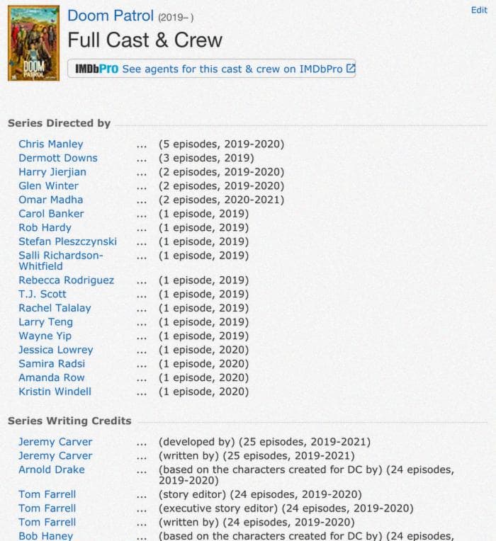 Screenshot of IMDB credits for Doom Patrol.