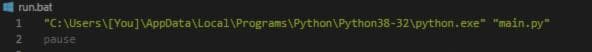 My run.bat within the project. Obviously replace [you] with your name to get your python install