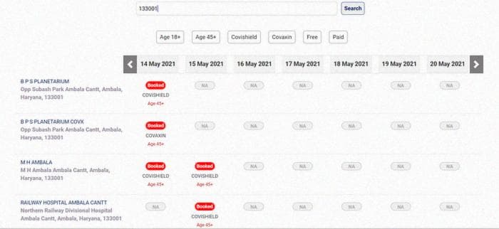 Источник: Изображение из приложения COWIN от правительства Индии. Это изображение доступных или забронированных слотов для определенного почтового индекса