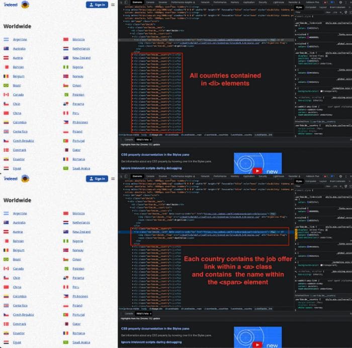 Screenshot of Indeed worldwide UI. Inspecting the elements.