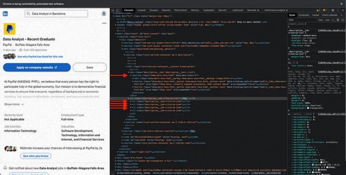 Self-made image. Linkedin screenshot that shows the structure of the full description of each job.