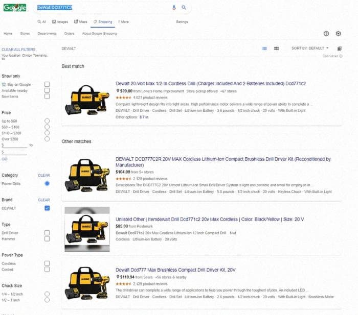 Google Shopping SERP results for DeWalt DCD771C2