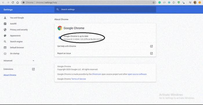 Страница настроек Google Chrome, показывающая версию