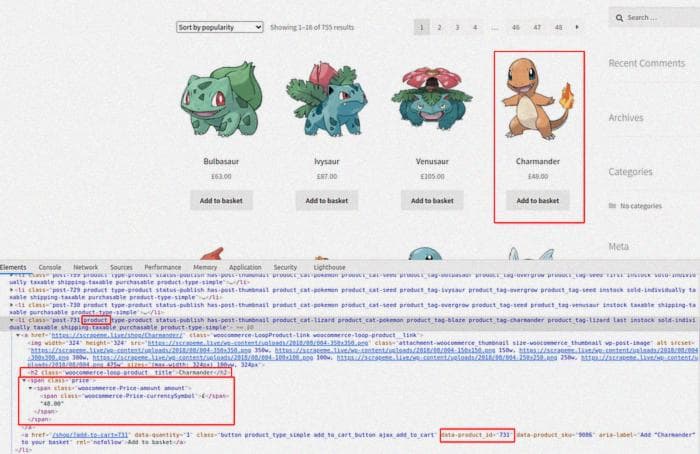 Product (Charmander) in DevTools