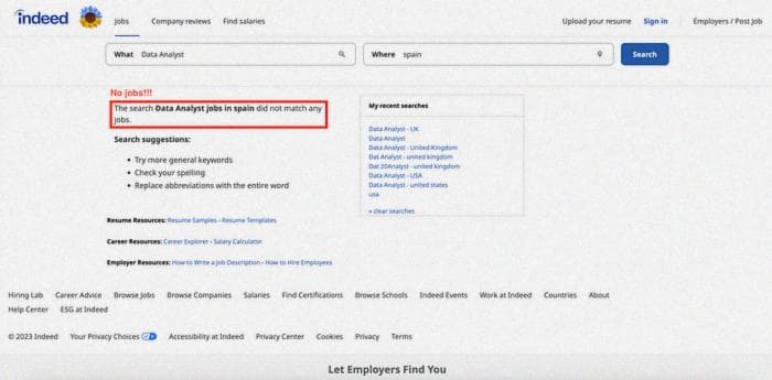 Снимок экрана пользовательского интерфейса Indeed. Нет результатов при поиске испанских вакансий в