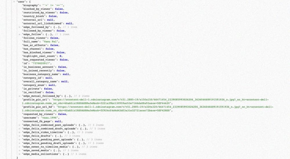 JSON форматированный профиль Instagram