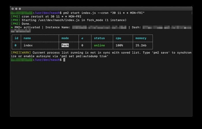 pm2 start index.js — cron “30 11 * * MON-FRI”