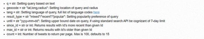 Список параметров поиска, доступных в Tweepy