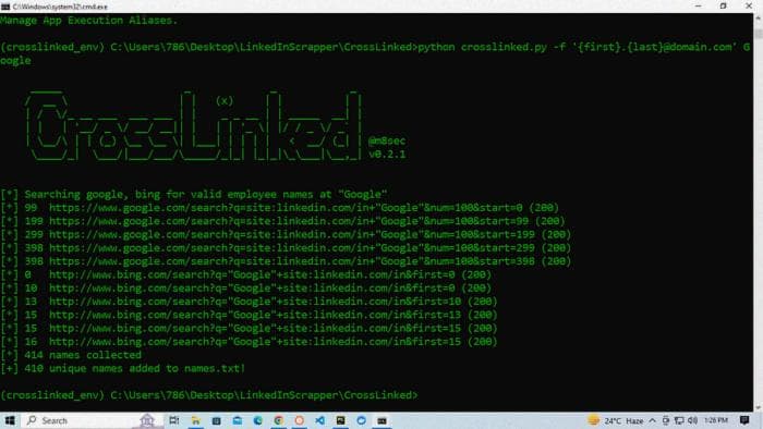 Парсинг данных о сотрудниках компании на LinkedIn с использованием CrossLinked в Python.