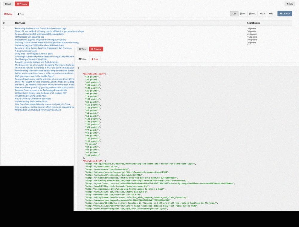 Parsed results returned by Datafalow Kit in CSV and JSON formats.